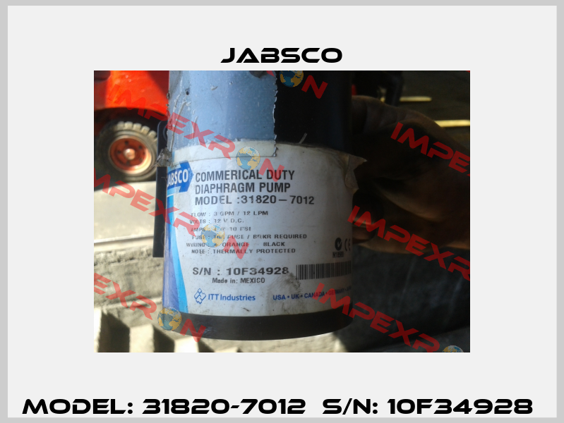 Model: 31820-7012  S/N: 10F34928  Jabsco